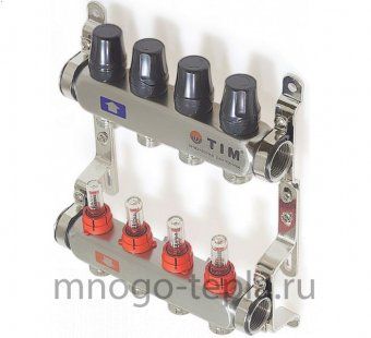 Коллекторная группа Tim (KDS5004) 1" ВР-ВР, 4 отвода 3/4", нержавеющая сталь, расходомер - №1